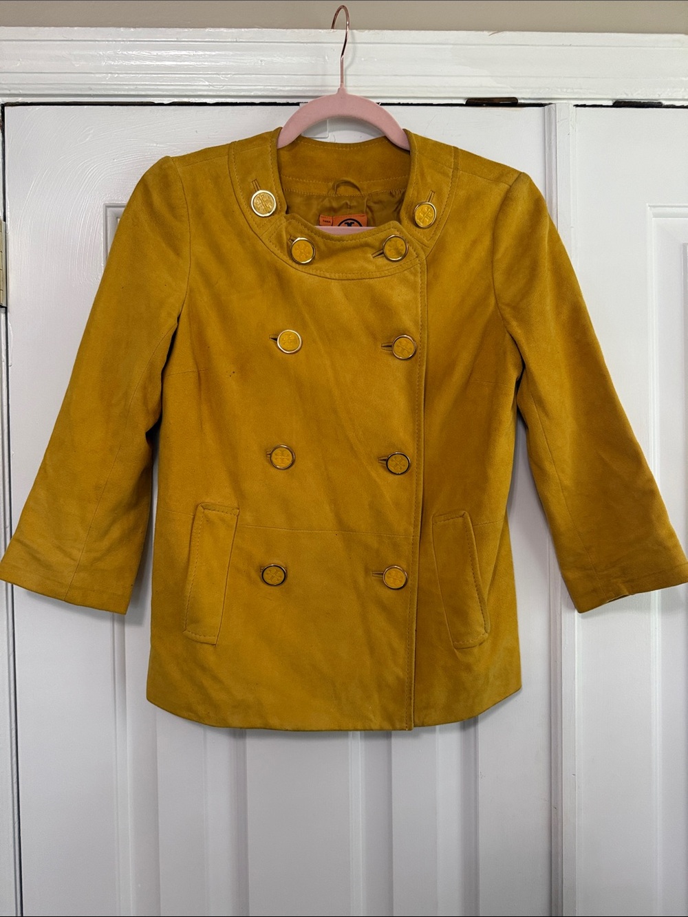 Women’s Mustard Double-Breasted Suede Peacoat Jacket